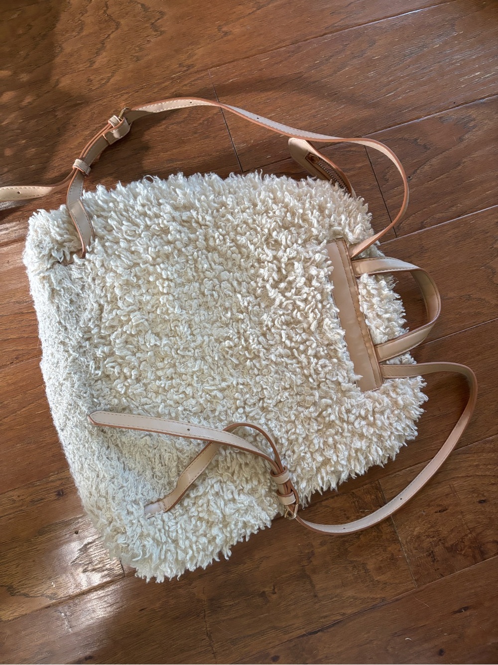 Cream Sherpa Tote Bag with Tan Straps